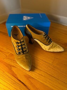 Fluevog Gold Velvet Brocade Heels